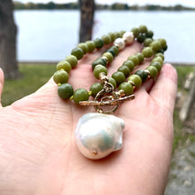 Load image into Gallery viewer, Olive Green Jade &amp; Baroque Pearls Beaded Necklace, Gold Bronze, 20&quot;inches
