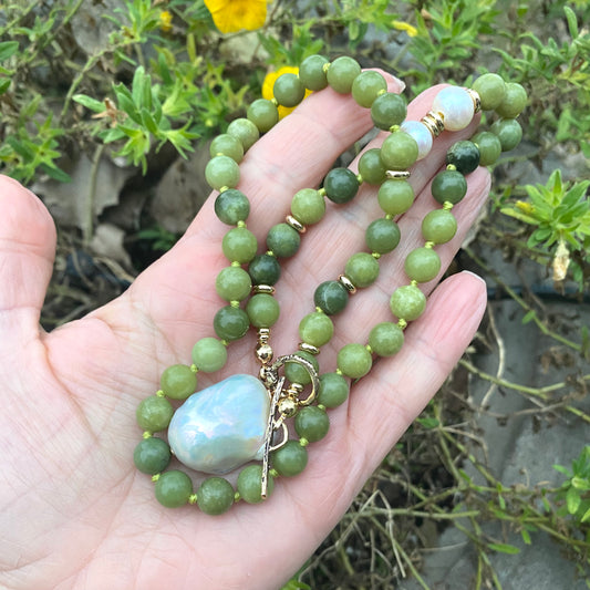 Olive green jade pearl necklace with Canadian jade beads and freshwater baroque pearls handmade in Canada