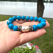 Load image into Gallery viewer, Turquoise Howlite Beads &amp; Freshwater Pearl Stretch Bracelet, Sparkly Rhinestones, Gunmetal Plated, 7&quot;inches
