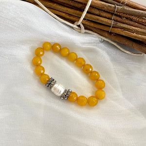 Yellow Jade Beads & Freshwater Pearl Stretch Bracelet with Sparkly Rhinestones, Gunmetal Plated,7"