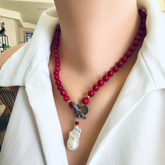 LIVE #7 - Red Bamboo Coral & White Baroque Pearl Toggle Necklace