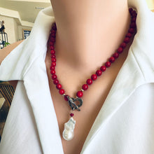 Load image into Gallery viewer, Red Bamboo Coral &amp; White Baroque Pearl Necklace, Gold Filled &amp; Gold Bronze, 18.5&quot;in
