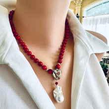 Load image into Gallery viewer, Red Bamboo Coral &amp; White Baroque Pearl Necklace, Gold Filled &amp; Gold Bronze, 18.5&quot;in
