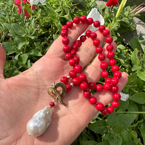 Red Bamboo Coral & White Baroque Pearl Necklace, Gold Filled & Gold Bronze, 18.5"in