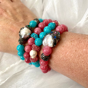 Vibrant & Colorful Jade Bracelet & Sparkly Rhinestones Pave Baroque Pearl Stretchy Bracelets