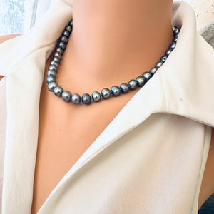 Timeless Elegance: Grey Freshwater Pearl Necklace, Gold Plated Magnetic Clasp, Peacock Gray Pearls, 16.5"inches