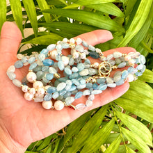 Load image into Gallery viewer, Baroque Blue Aquamarine &amp; Freshwater Pearl Necklace, 65&quot;in Long Layered Necklace, Gold Plated
