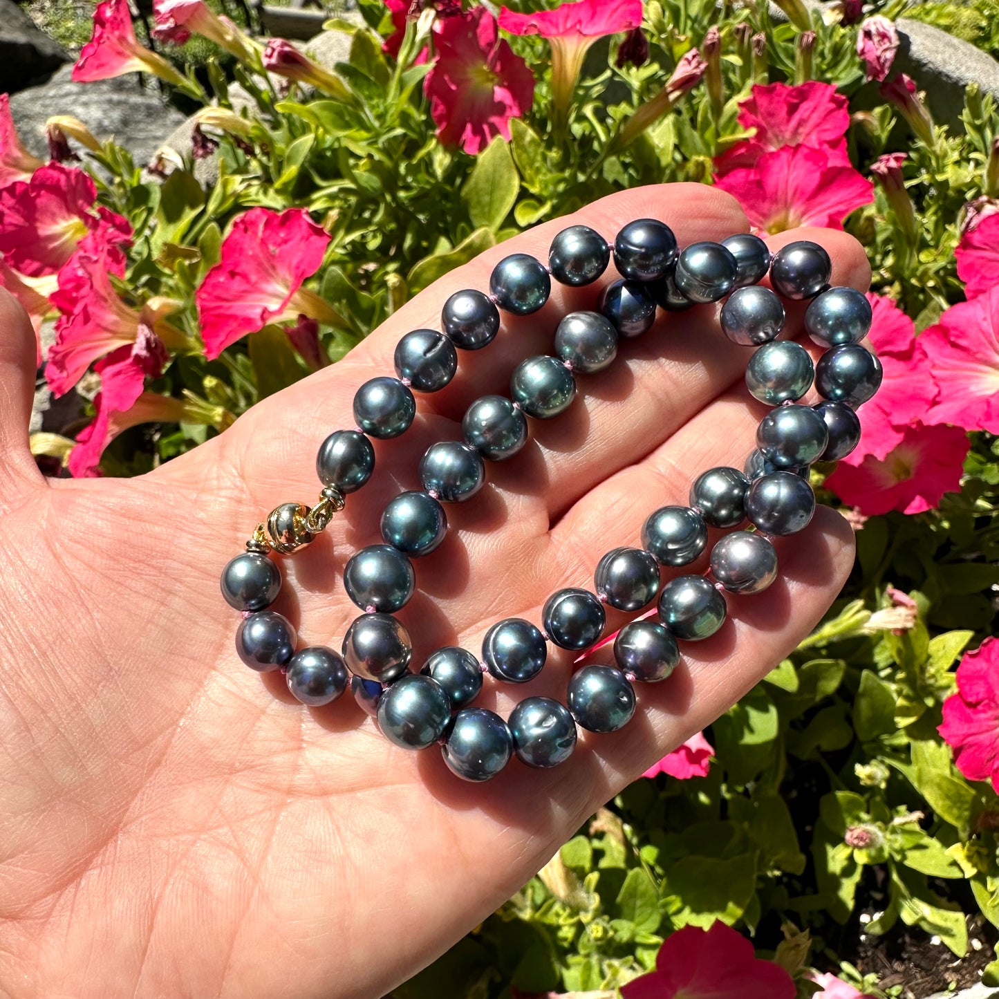 Close up of peacock pearl necklace outdoors with greenery