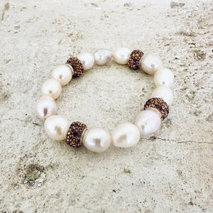 White Pearl Stretch Bracelet, Golden Rhinestones