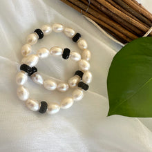 Load image into Gallery viewer, Freshwater Pearl Stretch Bracelet &amp; Black Polymer Clay Rhinestones Pave
