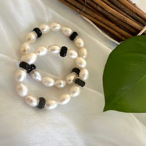 White Pearl Stretch Bracelet & Black Rhinestones