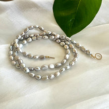 Load image into Gallery viewer, Long Grey Pearl Necklace, Hand Knotted Gray Nugget Pearl Necklace, Gold Filled, 28&quot;inches
