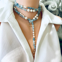 Charger l&#39;image dans la galerie, Baroque Blue Aquamarine &amp; Freshwater Pearl Necklace, 65&quot;in Long Layered Necklace, Gold Plated
