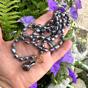 T-Bar Long Peacock Black Freshwater Pearl Necklace with Baroque Pearl Pendant, Gold Vermeil Plated Silver, 29.5"inches