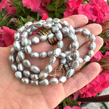 Load image into Gallery viewer, Long Grey Pearl Necklace, Hand Knotted Gray Nugget Pearl Necklace, Gold Filled, 28&quot;inches
