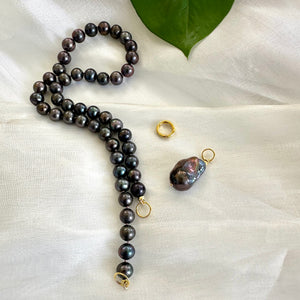 Black Pearl Necklace with Removable Black Baroque Pearl Pendant, Gold Vermeil Plated Silver,17.5"in