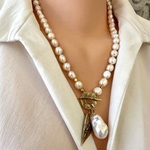 Load image into Gallery viewer, Freshwater Pearl Toggle Necklace with Baroque Pearl &amp; Artisan Gold Bronze Stitched Heart Pendants, 21 in
