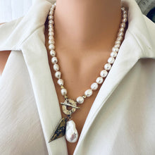 Charger l&#39;image dans la galerie, Freshwater Pearl Toggle Necklace with Baroque Pearl &amp; Artisan Gold Bronze Stitched Heart Pendants, 21 in
