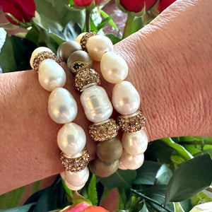 White Pearl Stretch Bracelet, Golden Rhinestones