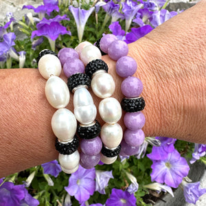 White Pearl Stretch Bracelet & Black Rhinestones