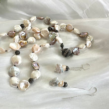 Load image into Gallery viewer, Freshwater Gray &amp; Peachy Petal Pearl Threaders, Silver Long Pearl Earrings
