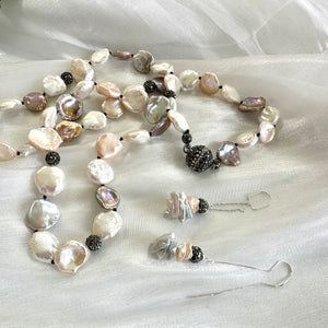 Freshwater Gray & Peachy Petal Pearl Threaders, Silver Long Pearl Earrings