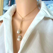 Load image into Gallery viewer, Gold Filled Lariat Necklace, Figaro Chain Y Necklace with one baroque pearl on each end
