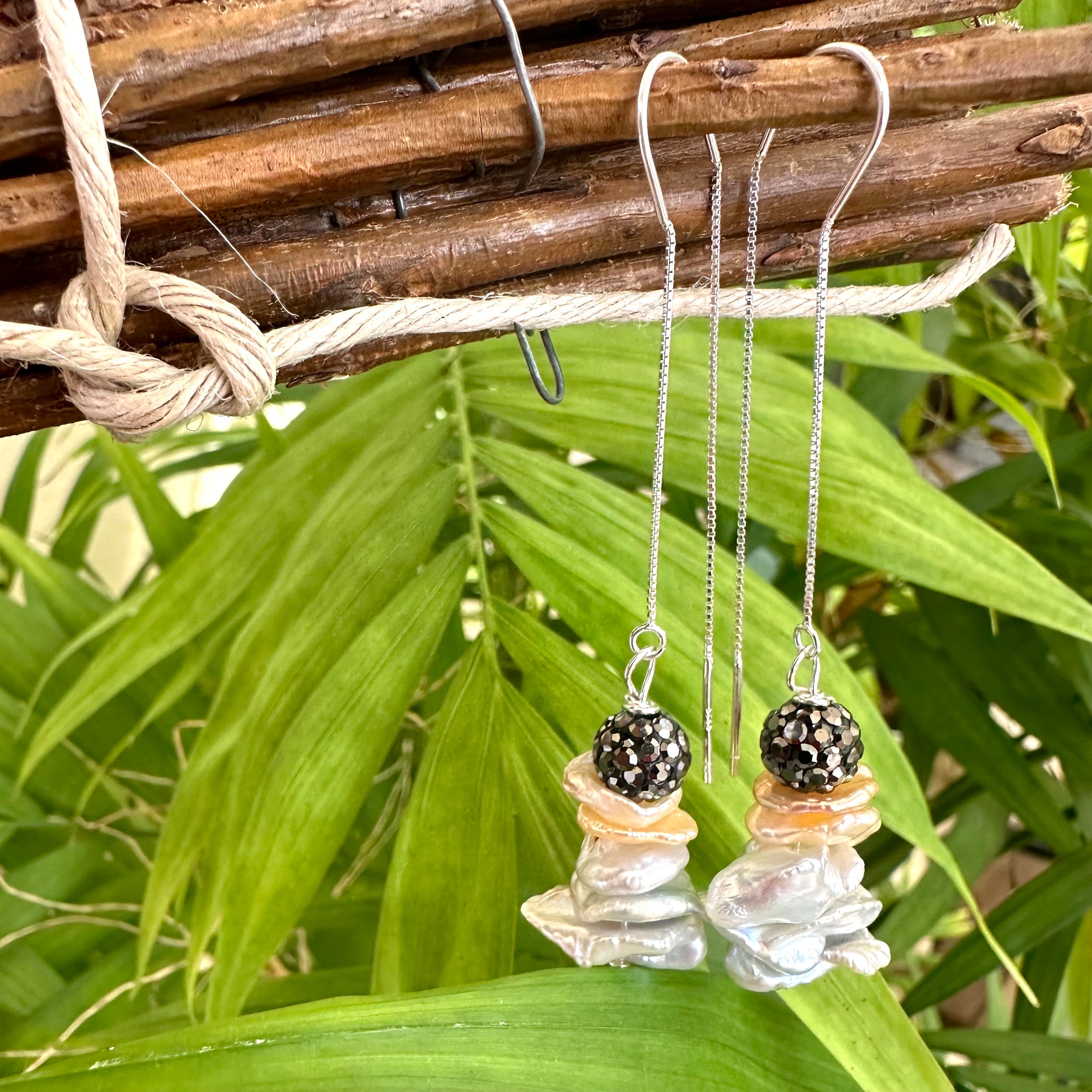 Gray & Peachy Petal Pearl Threaders, Silver