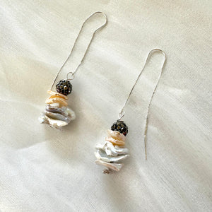 Freshwater Gray & Peachy Petal Pearl Threaders, Silver Long Pearl Earrings