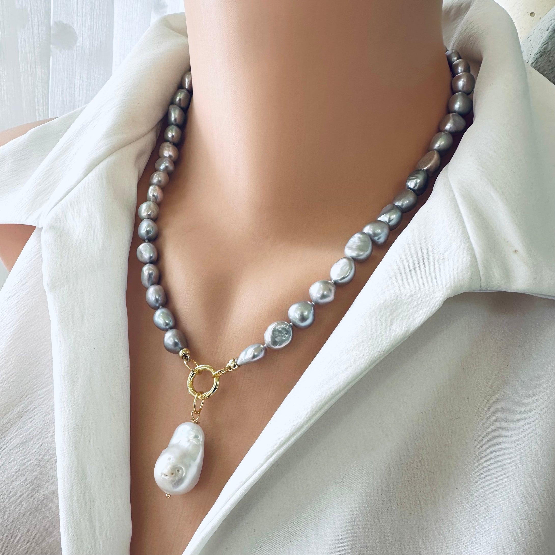 Grey Pearl Necklace with White Baroque Pearl Removable Pendant, Gold