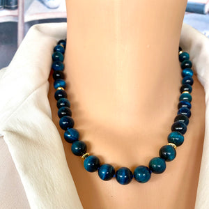 Hand Knotted Blue Black Tiger's Eye Candy Necklace w Gold Vermeil, 18.5"inches
