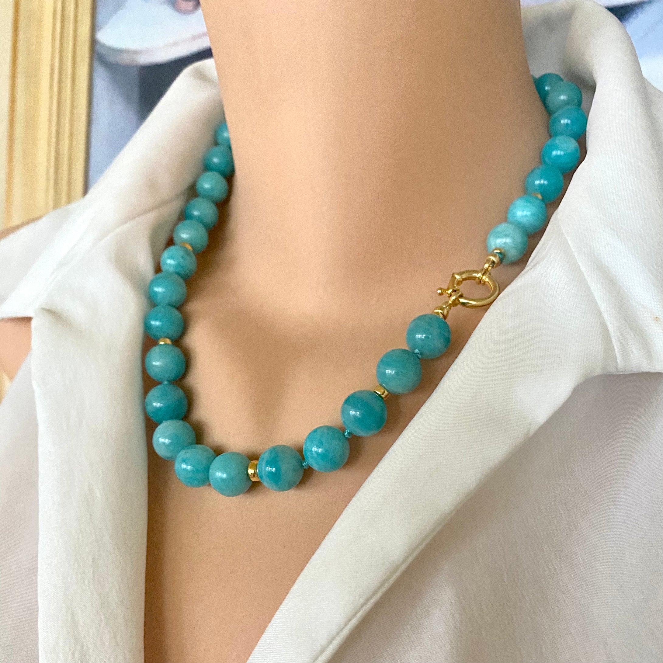 Chunky Blue Amazonite Gumball Candy Necklace, Gold Vermeil, 20