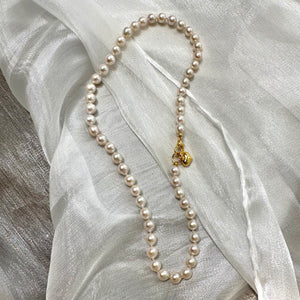 Classic White Pearl Necklace 7-8 mm, Real Freshwater Pearl  Necklace For Women, Gold Vermeil Plated Silver Heart Charm, 18"in