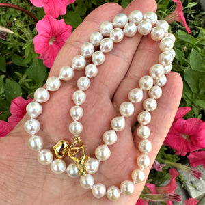 Classic White Pearl Necklace 7-8 mm, Real Freshwater Pearl  Necklace For Women, Gold Vermeil Plated Silver Heart Charm, 18"in