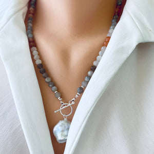 Mix Moonstone, Labradorite, Sunstone Toggle Necklace, baroque Pearl Pendant, Silver Details, 21" inches