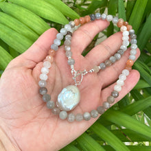 Load image into Gallery viewer, Mix Moonstone, Labradorite, Sunstone Toggle Necklace, baroque Pearl Pendant, Silver Details, 21&quot; inches
