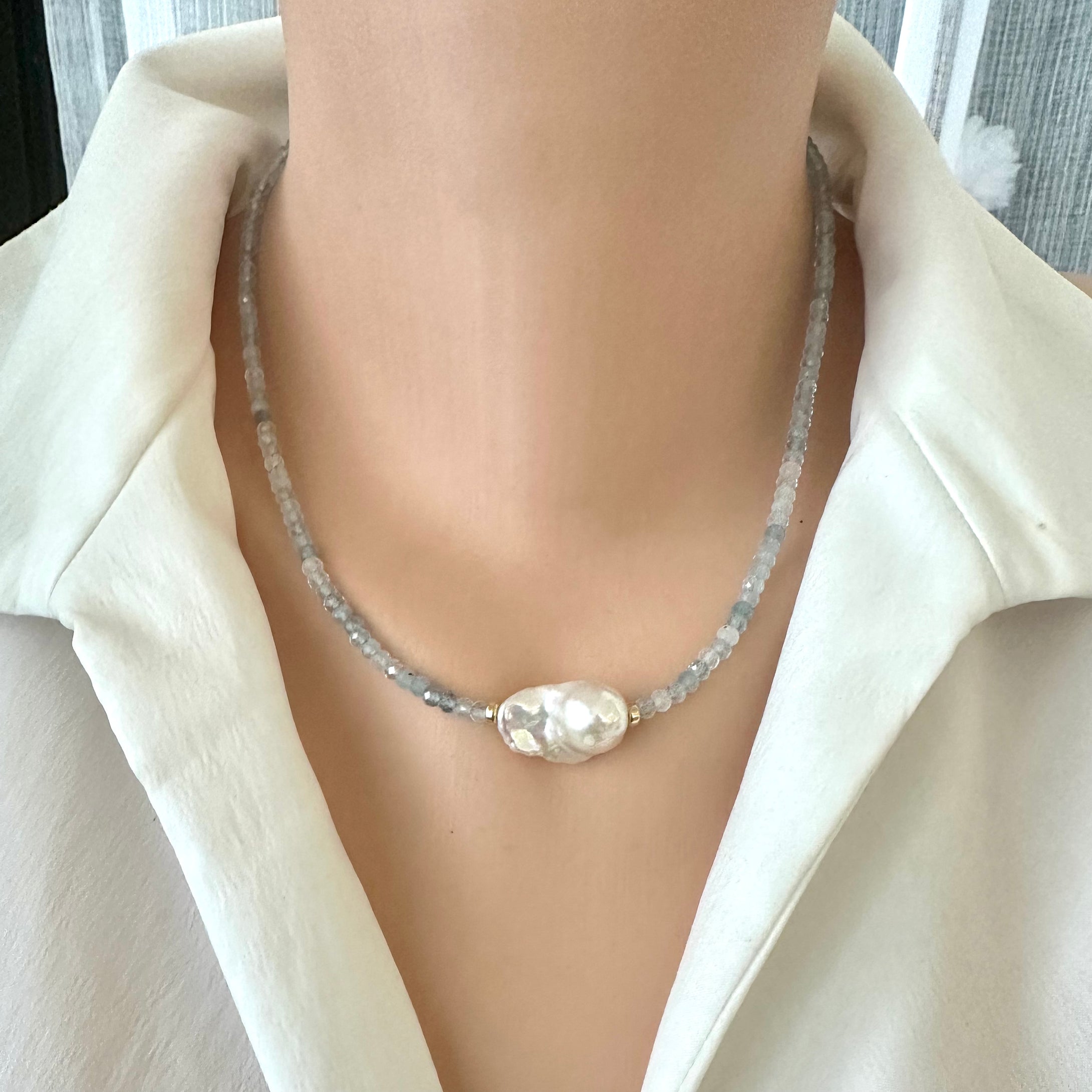Aquamarine & Baroque Pearl Necklace, 14K GF