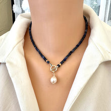 Charger l&#39;image dans la galerie, Denim Blue Sodalite Toggle Choker Necklace with Baroque Pearl Pendant, Gold Plated, 16&quot;in
