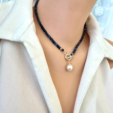 Charger l&#39;image dans la galerie, Denim Blue Sodalite Toggle Choker Necklace with Baroque Pearl Pendant, Gold Plated, 16&quot;in
