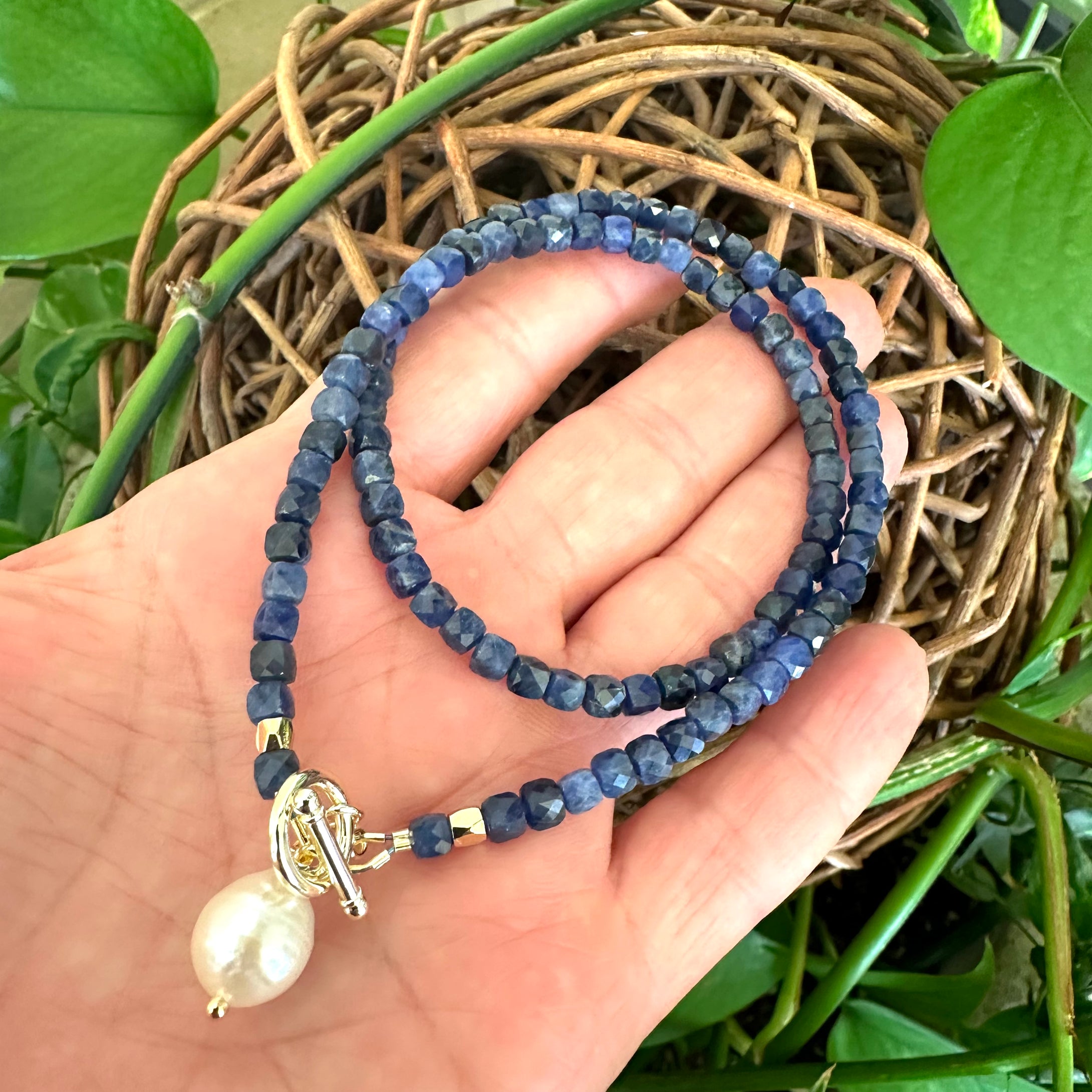 Denim Blue Sodalite Choker Necklace & Pearl Charm