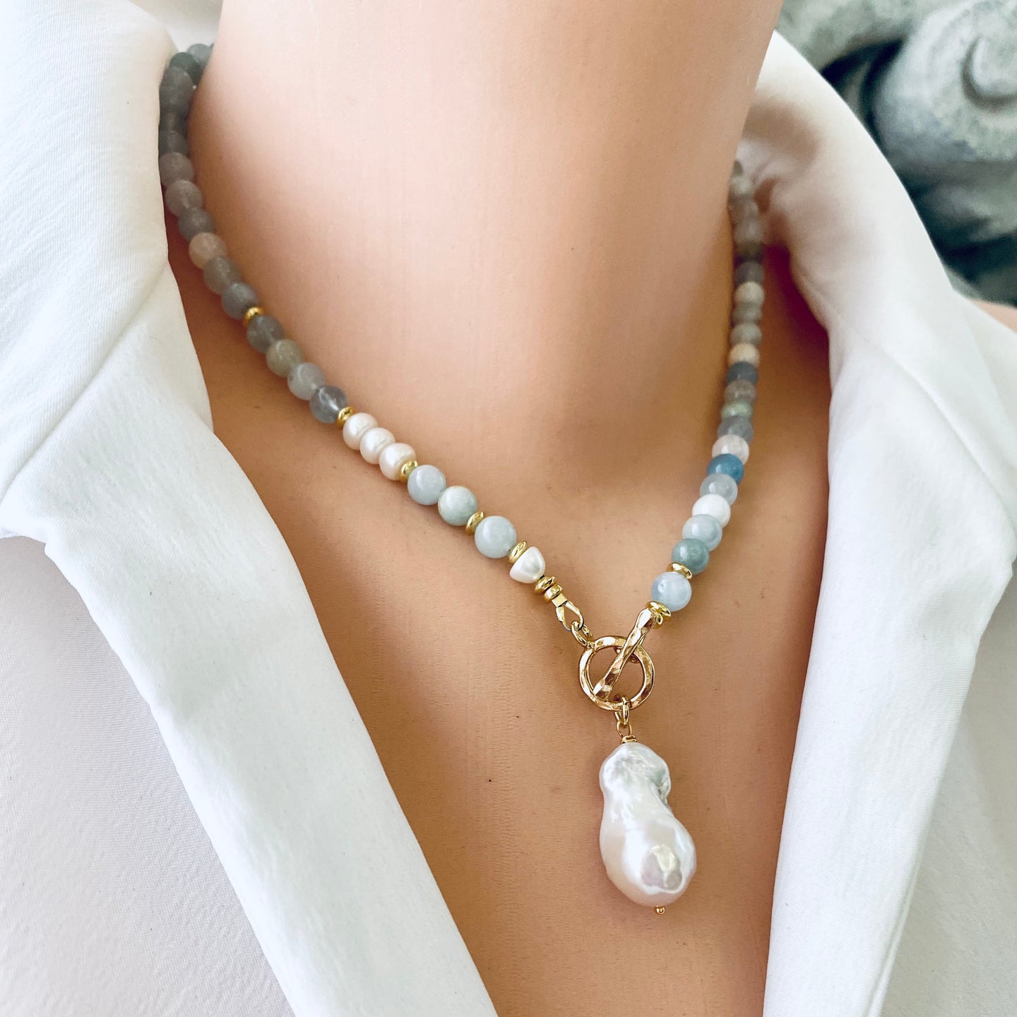 Aquamarine & Pearl Beaded Necklace, Baroque Pearl Pendant, Gold Vermeil Plated Silver Details, March Birthstone, 17.5