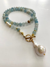 Load image into Gallery viewer, Aquamarine &amp; Pearl Beaded Necklace, Baroque Pearl Pendant, Gold Vermeil Plated Silver Details, March Birthstone, 17.5&quot;-18&quot;inches 

