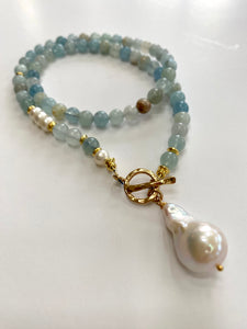 Aquamarine & Pearl Beaded Necklace, Baroque Pearl Pendant, Gold Vermeil Plated Silver Details, March Birthstone, 17.5"-18"inches 