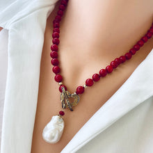 Load image into Gallery viewer, Red Bamboo Coral &amp; White Baroque Pearl Necklace, Gold Filled &amp; Gold Bronze, 18.5&quot;in
