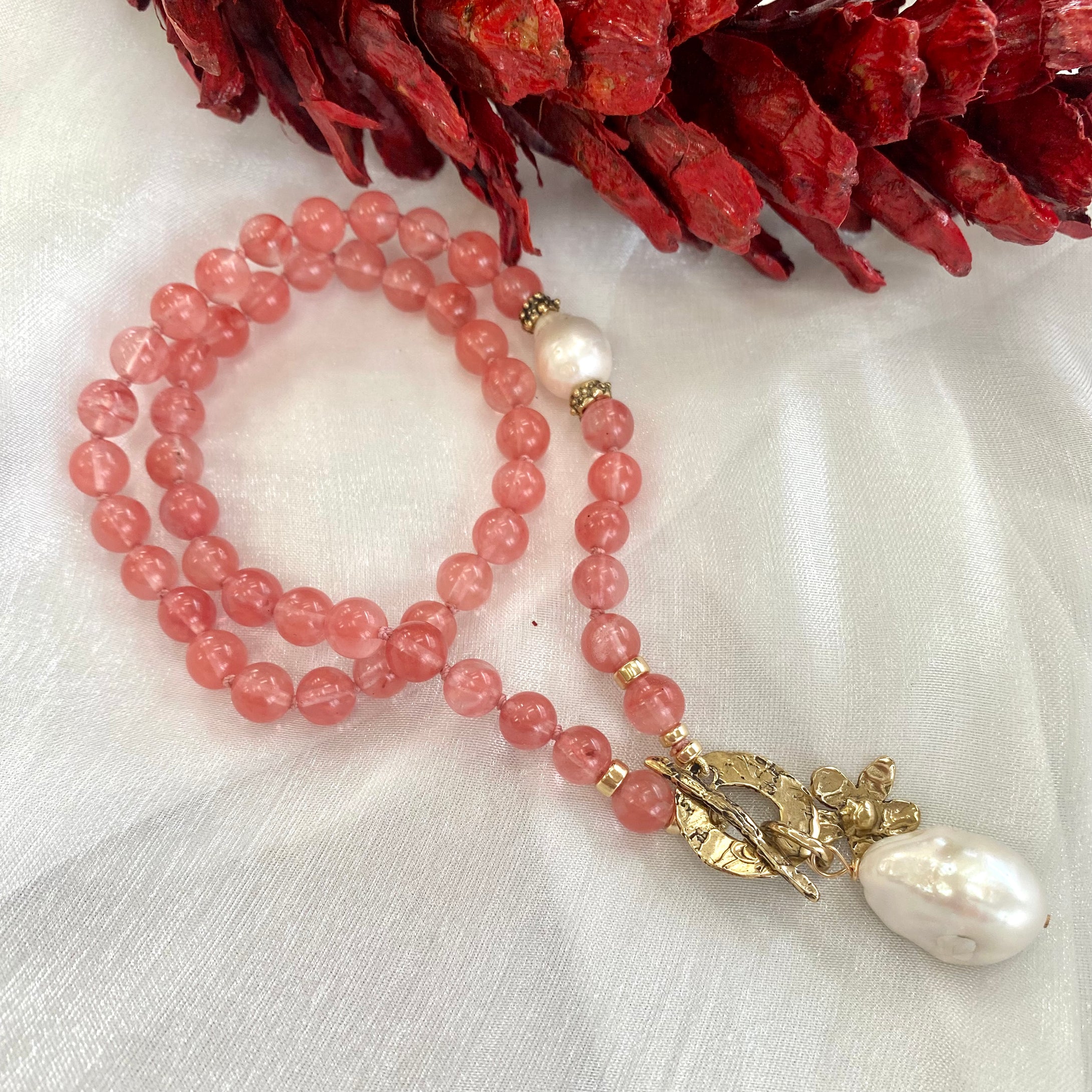 Cherry Quartz & Baroque Pearls Necklace