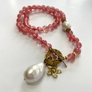 Hand Knotted Cherry Quartz & Baroque Pearls Necklace, Gold Bronze, 18.5"in