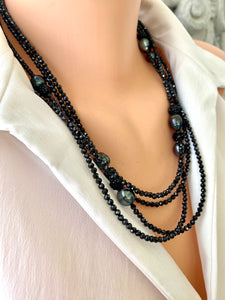 2 Black Spinel and Tahitian Baroque Pearls Long Beaded Necklaces, in 41" and 44"inches 