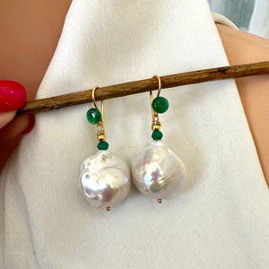 White Baroque Pearl Drop Earrings with Emerald Green Agate Accent, Gold Vermeil Plated Silver