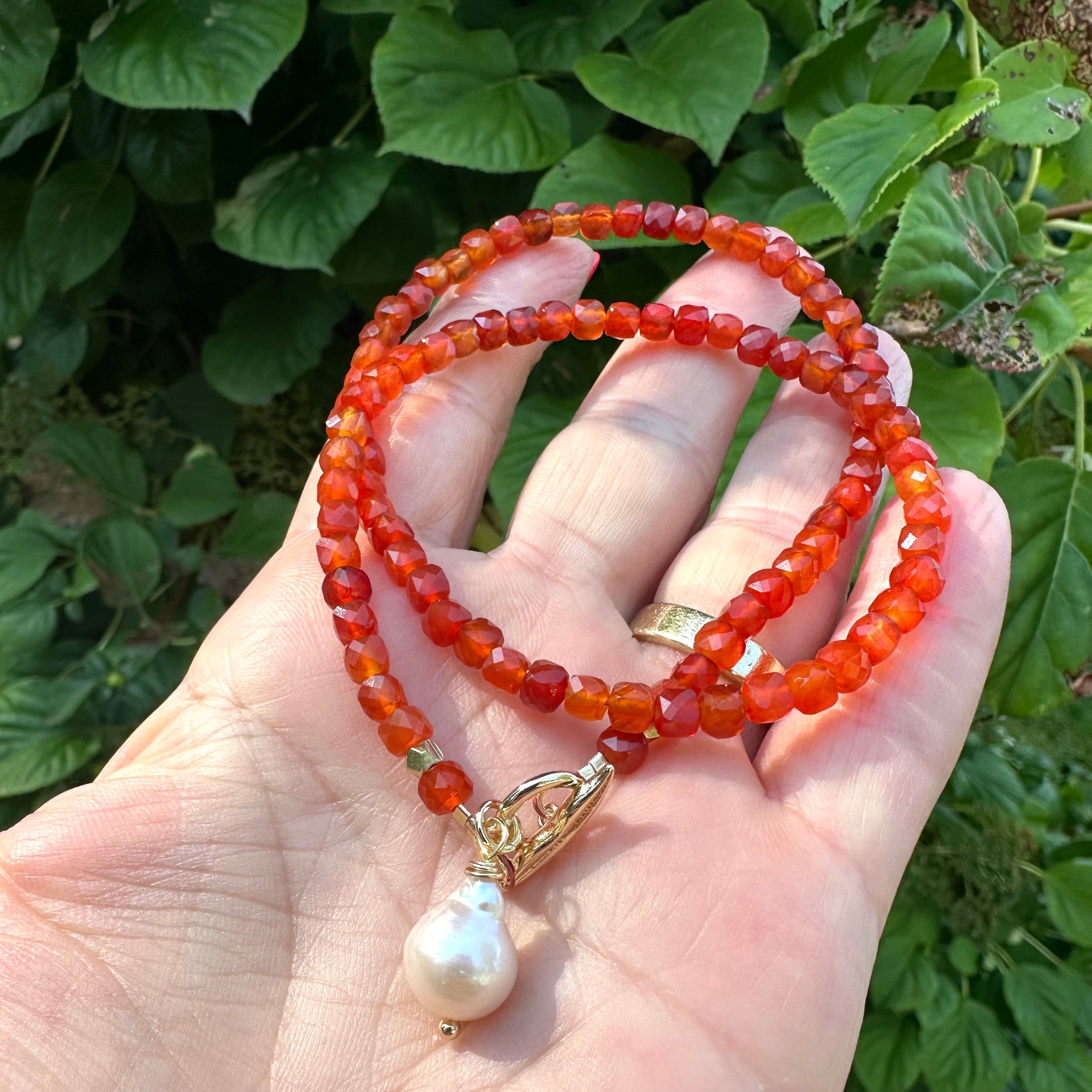 Carnelian Toggle Necklace & Baroque Pearl Charm