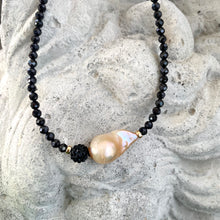 Load image into Gallery viewer, Festive Black Spinel and Golden Pink Baroque Pearl Beaded Necklace with Gold Filled Details, 17.5&quot;in
